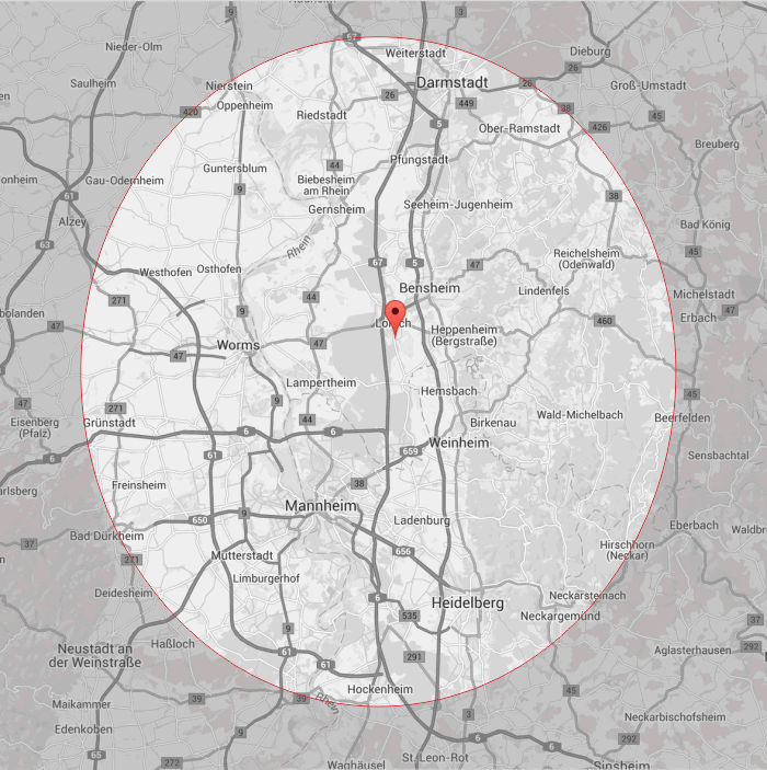 Karte Arbeitsradius